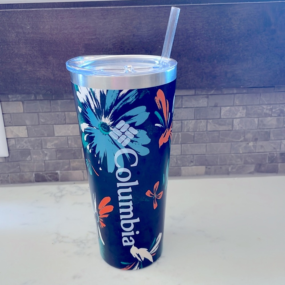 Columbia steel tumbler with lid and straw floral pattern